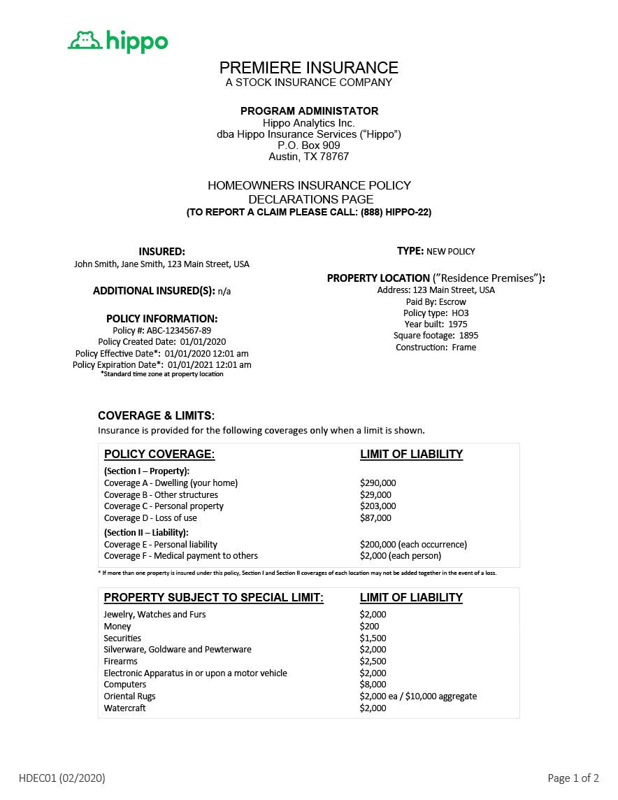 What Is A Homeowner Insurance Declaration Page Hippo   Hippo Page 1 (2) 